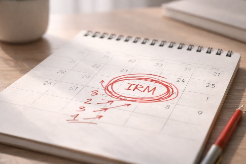 Agenda avec la date d’une IRM encerclée plusieurs fois en rouge, illustrant l’attente et le compte à rebours avant un examen médical.