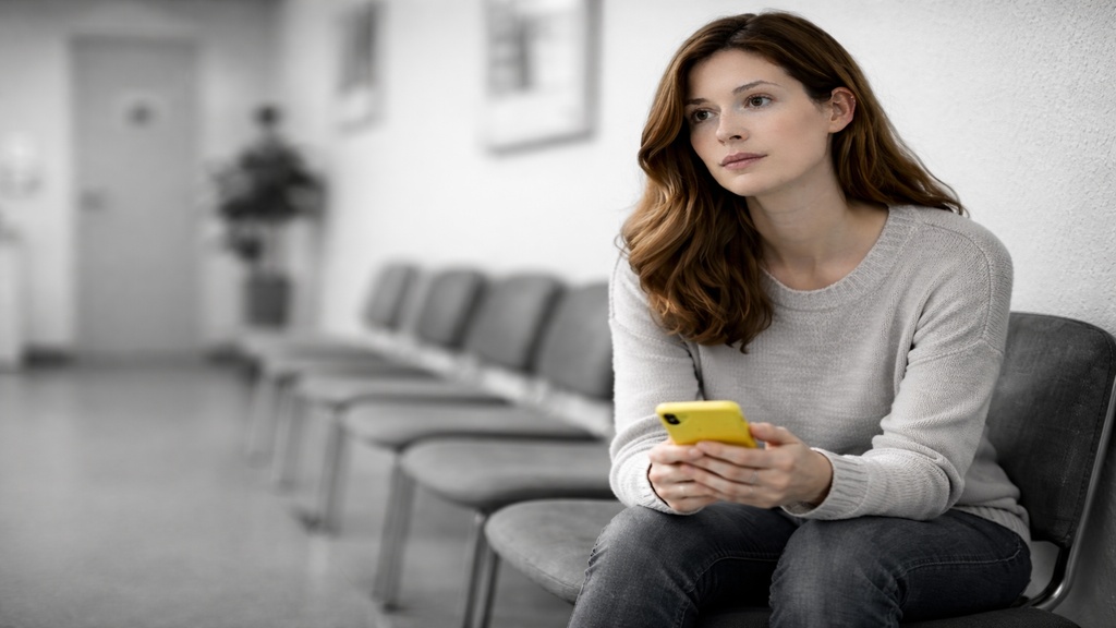 Femme assise dans une salle d’attente, tenant un téléphone coloré entre ses mains, entourée d’un environnement institutionnel en noir et blanc, illustrant un temps suspendu durant l’attente d’un diagnostic.