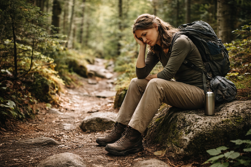 Personne assise sur un rocher le long d’un sentier de randonnée en nature québécoise, semblant fatiguée et en pause.