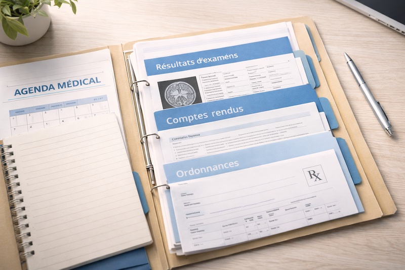 Dossier médical organisé avec documents et intercalaires, illustrant une gestion claire et structurée du suivi médical.