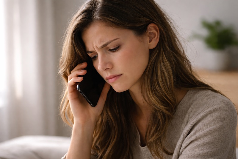 Personne tenant un téléphone contre son oreille avec une expression de déception et de frustration, éclairée par une lumière naturelle.