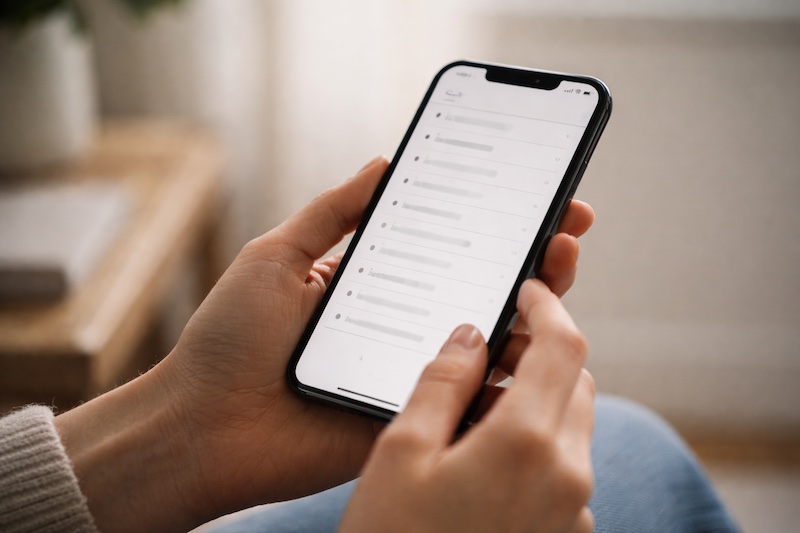 Mains tenant un téléphone affichant une liste de notes, illustrant l’organisation et le soutien de la mémoire au quotidien.