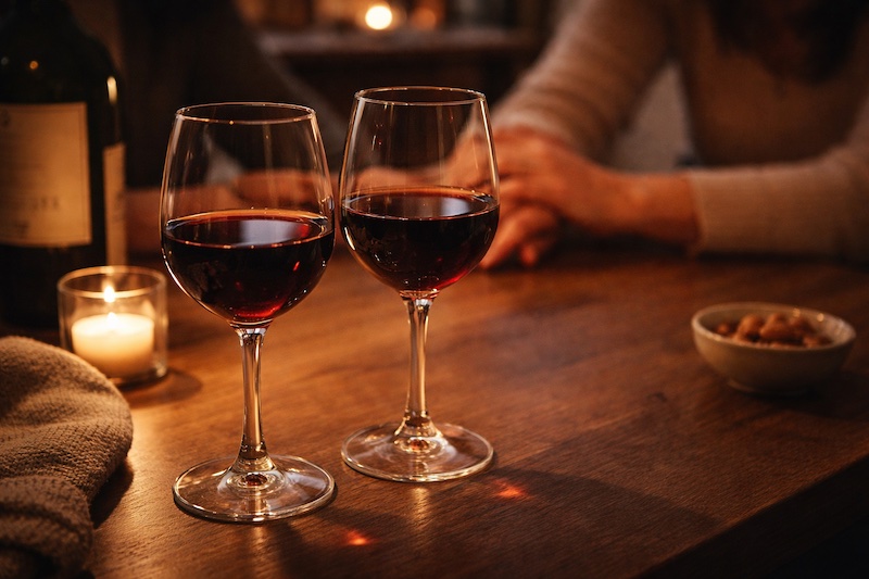 Deux verres de vin posés sur une table dans une ambiance chaleureuse et intime, symbolisant le soutien et l’amitié lors de l’annonce d’un diagnostic de sclérose en plaques.