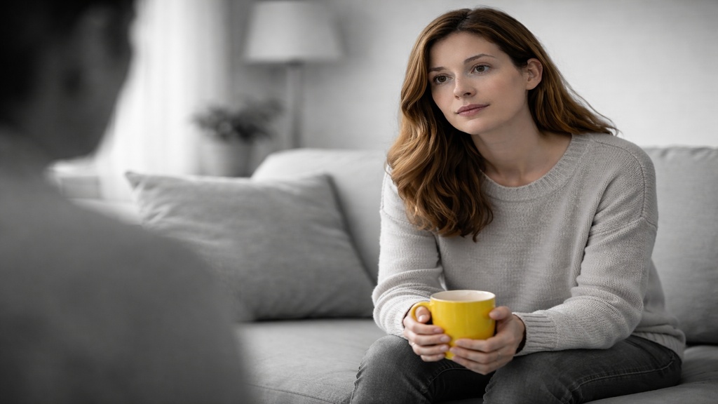 Femme assise sur un canapé, tenant une tasse colorée entre ses mains, regard tourné vers une personne hors champ, dans un environnement domestique en noir et blanc, illustrant un moment d’échange précédant l’annonce d’un diagnostic.