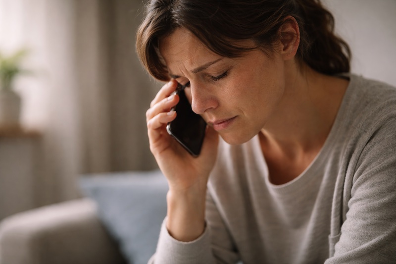 appel-telephonique-vulnerabilite Personne tenant un téléphone contre son oreille, des larmes visibles sur le visage, exprimant un moment de vulnérabilité émotionnelle.
