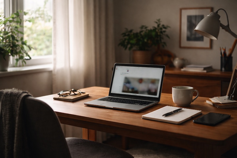 Bureau à domicile avec un ordinateur ouvert et de la lumière naturelle, évoquant le travail freelance et la vulnérabilité professionnelle après l’annonce d’un diagnostic de sclérose en plaques.