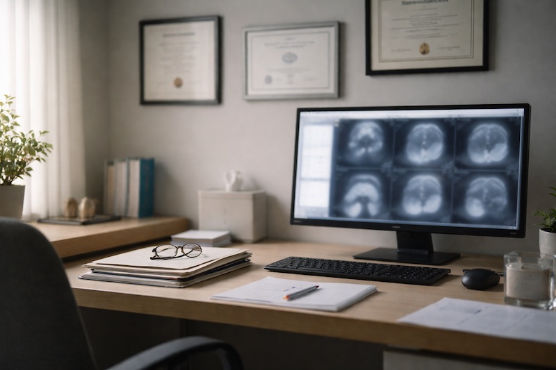 bureau-neurologue-consultation Bureau de neurologue avec diplômes au mur et écran d’ordinateur montrant des images médicales floues, dans une ambiance professionnelle et émotionnelle.