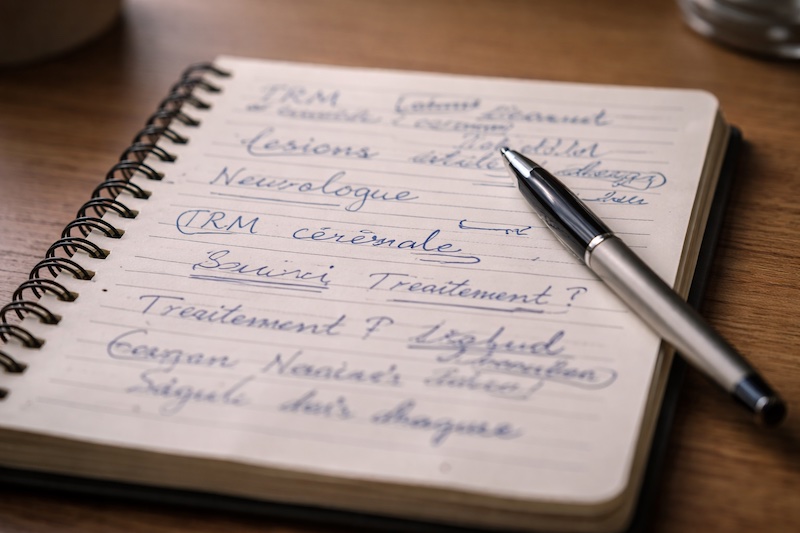 carnet-notes-medicales Carnet de notes ouvert avec une écriture manuscrite rapide et des termes médicaux, posé sur une table, évoquant une prise de notes personnelle et chaotique.