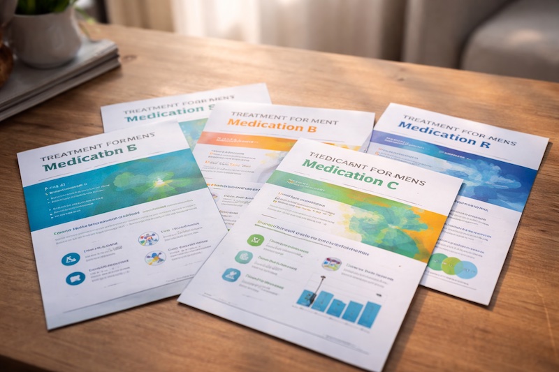choix-traitements-sp Brochures de différents médicaments pour la sclérose en plaques étalées sur une table, vues du point de vue du patient devant faire un choix de traitement.