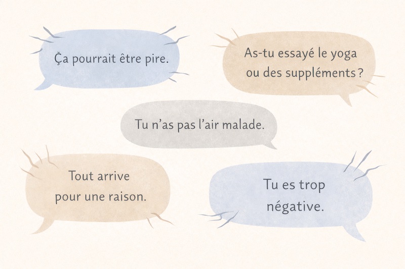 Illustration montrant plusieurs bulles de dialogue contenant des commentaires maladroits, symbolisant les mots blessants entendus après l’annonce d’un diagnostic de sclérose en plaques.