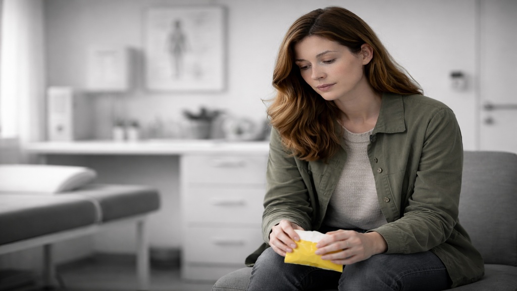 Femme assise dans un cabinet médical, regard baissé, tenant un paquet de mouchoirs coloré entre ses mains, entourée d’un environnement clinique en noir et blanc, illustrant le moment de sidération suivant l’annonce d’un diagnostic.