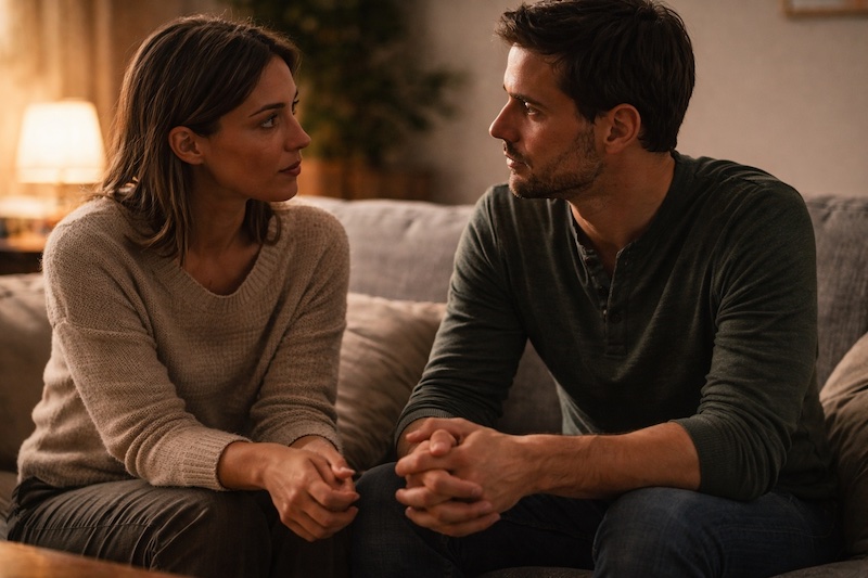 Couple assis côte à côte sur un canapé, échangeant une conversation sérieuse dans une lumière tamisée et intime, évoquant le dialogue et le soutien après l’annonce d’un diagnostic de sclérose en plaques.