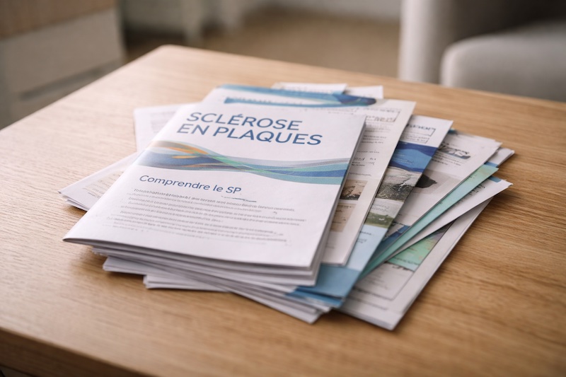 documents-medical-sp Pile de brochures et de documents médicaux sur la sclérose en plaques vue du point de vue du patient, évoquant une surcharge d’informations après une consultation.