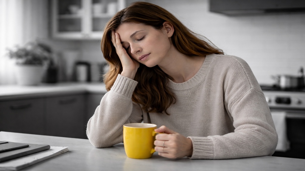 Femme assise à une table de cuisine, la tête appuyée sur sa main, tenant une tasse colorée, dans un environnement domestique en noir et blanc, illustrant la fatigue persistante liée à la sclérose en plaques.