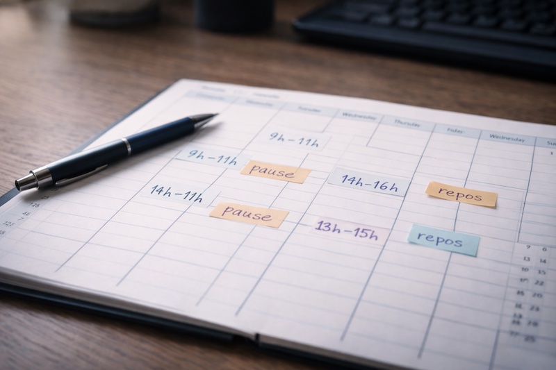 Calendrier montrant des heures de travail variables notées à la main, illustrant la flexibilité nécessaire pour travailler avec la sclérose en plaques.