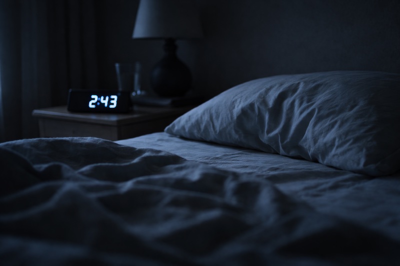 insomnie-nuit-reveil Lit dans une chambre sombre avec un réveil affichant une heure tardive, illustrant une nuit d’insomnie et de réflexion nocturne.