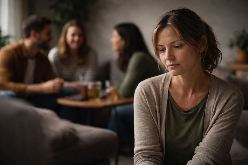 Une personne nette au premier plan tandis qu’un groupe d’amis apparaît flou en arrière-plan, illustrant le sentiment d’isolement et de solitude après l’annonce d’un diagnostic de sclérose en plaques.