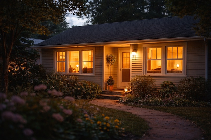 Maison de personnes âgées vue de l’extérieur, avec une lumière chaleureuse allumée aux fenêtres, évoquant la famille, la protection et le réconfort lors de l’annonce d’un diagnostic de sclérose en plaques.