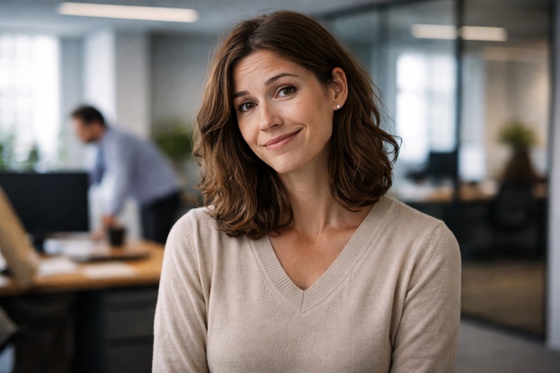 Personne souriant de manière forcée dans un bureau, malgré une fatigue visible, illustrant le masque social porté au travail par une personne atteinte de sclérose en plaques.