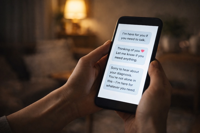 Téléphone tenu dans des mains montrant des messages texte bienveillants, évoquant le soutien et la solidarité après l’annonce d’un diagnostic de sclérose en plaques.