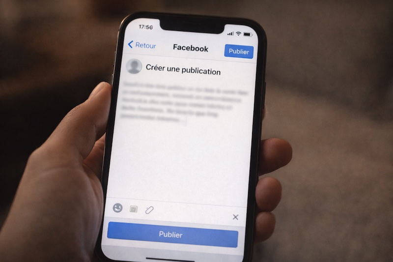 Écran de téléphone montrant un brouillon de publication sur Facebook non publié, symbolisant l’hésitation à partager un diagnostic de sclérose en plaques sur les réseaux sociaux.
