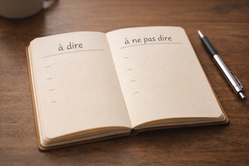 Carnet ouvert avec une page divisée en deux colonnes intitulées « à dire » et « à ne pas dire », illustrant la préparation réfléchie de l’annonce d’un diagnostic de sclérose en plaques.
