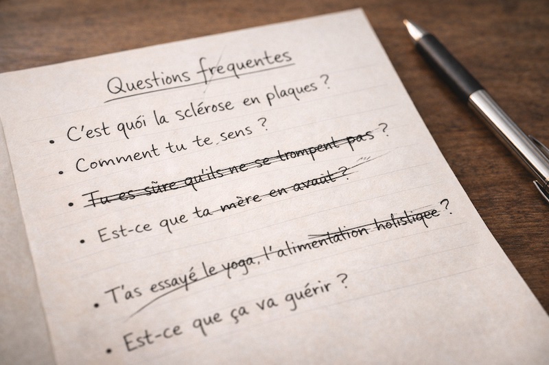 Liste de questions fréquentes écrites à la main sur une feuille, certaines barrées avec exaspération, illustrant la fatigue liée aux répétitions après l’annonce d’un diagnostic de sclérose en plaques.