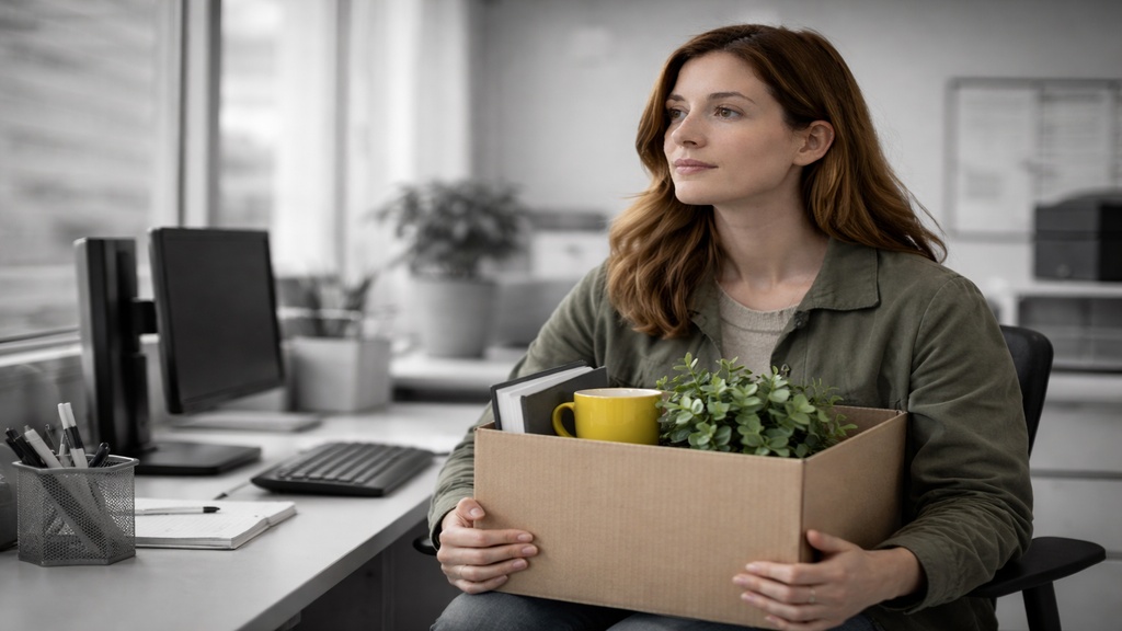 Femme assise à un bureau dans un environnement de travail en noir et blanc, tenant une boîte contenant des objets personnels colorés, illustrant un moment de transition et de décision lié au départ de l’emploi.