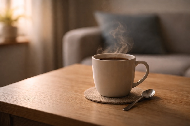 tasse-the-solitude Tasse de thé fumante non bue posée sur une table, éclairée par une lumière douce de fin de journée, évoquant la solitude et une tristesse apaisée.
