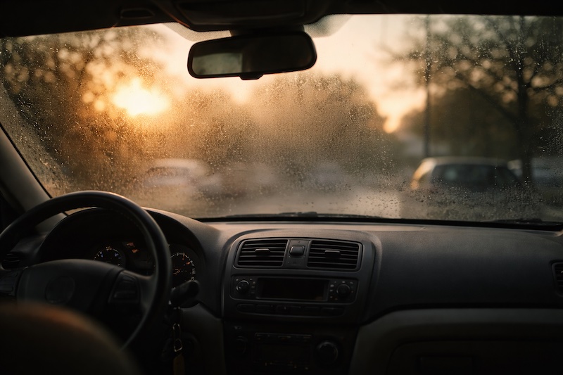 voiture-attente-silencieuse Vue depuis l’intérieur d’une voiture stationnée, avec un pare-brise légèrement embué et une lumière douce de fin d’après-midi, évoquant un moment d’attente et de réflexion.