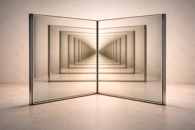 anxiete-effet-miroir-sp Deux miroirs placés face à face créant un effet de reflets infinis, symbolisant l’anxiété qui s’auto-alimente et tourne en boucle chez les personnes vivant avec la sclérose en plaques.