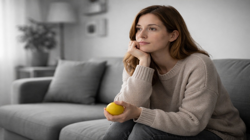 Femme assise sur un canapé dans un environnement calme, tenant une balle anti-stress colorée dans sa main, entourée d’un espace domestique en noir et blanc, illustrant un moment de tension intérieure lié à l’anxiété.