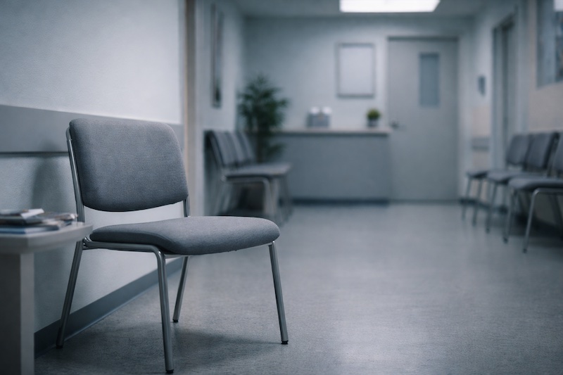 attente-clinique-anxiete-sp Salle d’attente de clinique médicale avec une chaise vide sous une lumière fluorescente, illustrant l’anxiété et l’appréhension liées aux rendez-vous médicaux pour une personne atteinte de sclérose en plaques.
