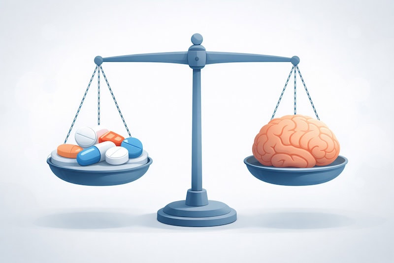 balance-choix-traitements-sclerose-en-plaques Illustration montrant une balance avec des pilules d’un côté et un cerveau de l’autre, symbolisant le choix difficile des traitements de la sclérose en plaques.