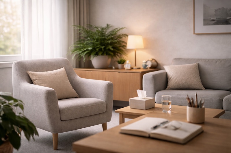 bureau-therapeute-espace-sur Bureau de thérapeute chaleureux et accueillant, avec une plante verte et une lumière douce, évoquant un espace sécurisant propice à l’écoute et à la parole autour de l’anxiété liée à la sclérose en plaques.