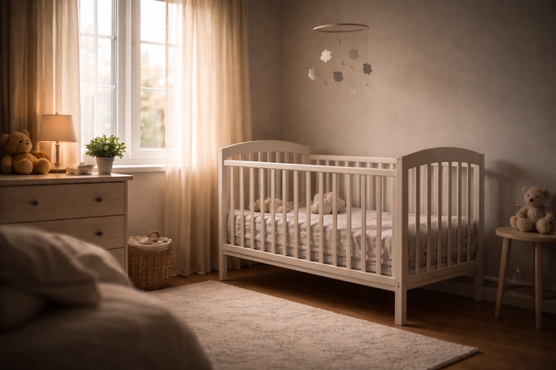 chambre-bebe-plans-incertains Chambre de bébé vide avec un berceau baigné d’une lumière douce, évoquant les projets de parentalité devenus incertains et les questionnements silencieux d’un couple confronté à la sclérose en plaques.