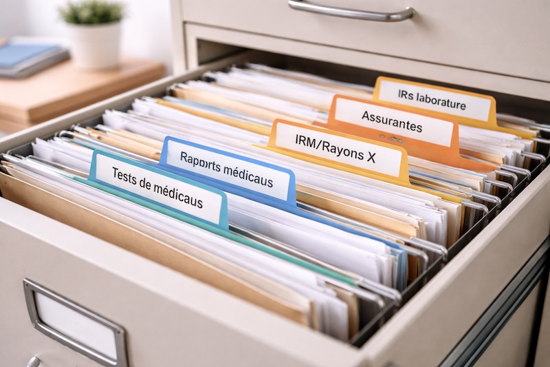 classeur-dossiers-medicaux-organisation Classeur organisé avec des sections étiquetées pour des dossiers médicaux, illustrant l’organisation et le suivi administratif.