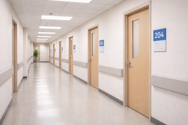 corridor-clinique-neurologie-quebec Corridor d’hôpital avec des portes de bureaux numérotées, illustrant l’accès aux consultations spécialisées en neurologie.