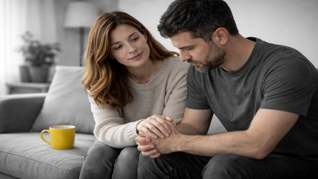 Couple assis côte à côte sur un canapé, les mains jointes, dans un environnement domestique en noir et blanc, avec une tasse colorée posée à proximité, illustrant un moment de soutien et de lien dans la relation.