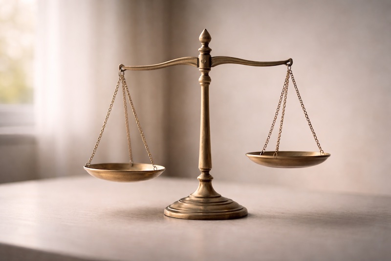 equilibre-inquietude-anxiete-sp Balance à deux plateaux légèrement déséquilibrés, symbolisant la frontière délicate entre une inquiétude légitime et une anxiété excessive chez les personnes vivant avec la sclérose en plaques.