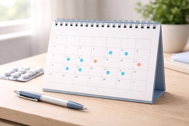 frequence-injections-traitement-sclerose-en-plaques-calendrier Calendrier avec des marques quotidiennes illustrant la fréquence des injections dans le traitement de la sclérose en plaques.