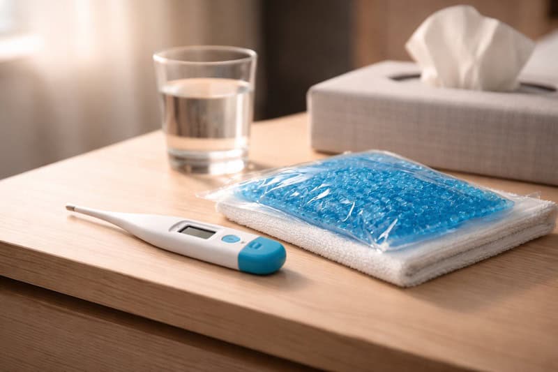 gestion-effets-secondaires-traitements-sclerose-en-plaques Thermomètre et compresses froides posés sur une table de chevet, illustrant la gestion des effets secondaires des traitements de la sclérose en plaques.