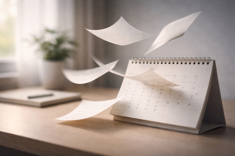 incertitude-avenir-sp Calendrier dont les pages s’envolent doucement, symbolisant l’incertitude face à l’avenir et le temps qui échappe chez une personne vivant avec l’anxiété liée à la sclérose en plaques.