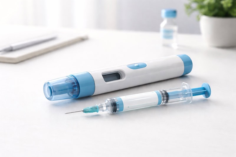 interferon-stylo-injecteur-traitement-sclerose-en-plaques Seringue d’interféron et stylo injecteur utilisés pour le traitement auto-administré de la sclérose en plaques.