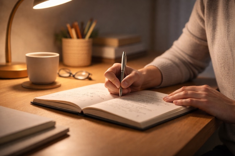 journal-suivi-symptomes-sp Personne écrivant soigneusement dans un journal de suivi des symptômes sous une lampe de bureau, illustrant une démarche attentive et apaisée de gestion de l’anxiété liée à la sclérose en plaques.
