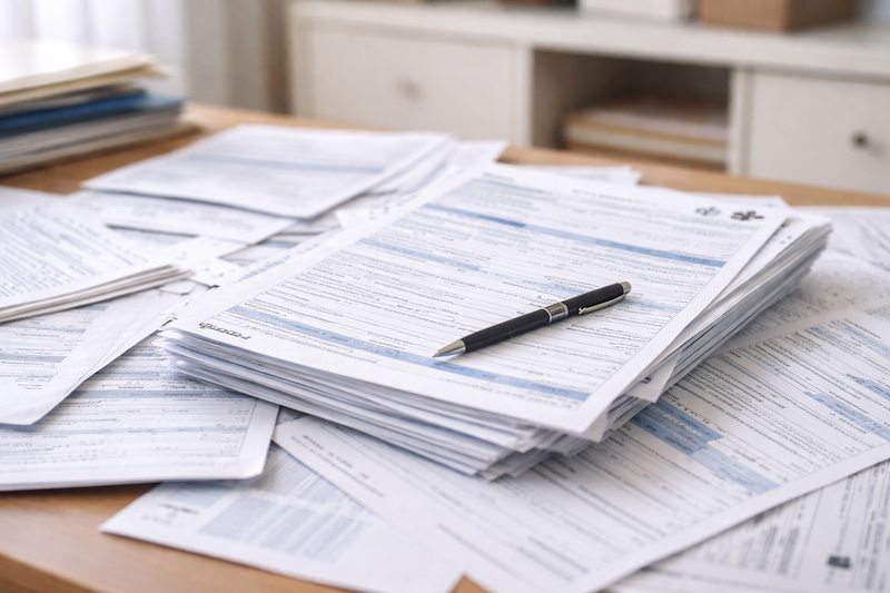 paperasse-administrative-sante-quebec Pile de formulaires administratifs et de papiers éparpillés sur un bureau avec un stylo, illustrant les démarches et la paperasse liées au système de santé.