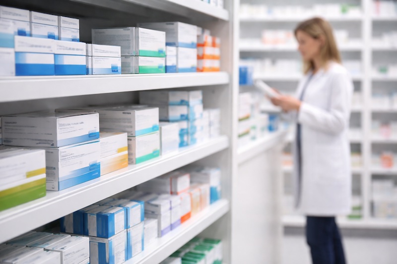 pharmacie-acces-traitements-sp Étagères de pharmacie avec des médicaments et une pharmacienne en arrière-plan, illustrant l’accès aux traitements et au soutien pharmaceutique.