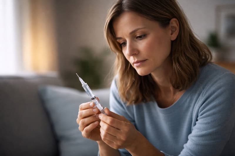 poids-psychologique-traitement-sclerose-en-plaques-seringue Personne regardant pensivement une seringue, illustrant le poids psychologique associé aux traitements de la sclérose en plaques.