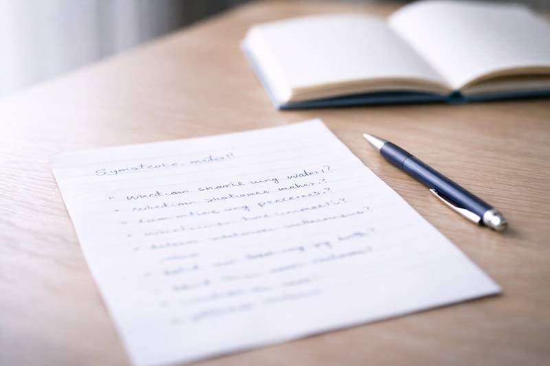 questions-rendez-vous-medical-sclerose-en-plaques-preparation Liste de questions manuscrites sur papier, illustrant la préparation d’un rendez-vous médical pour la sclérose en plaques.