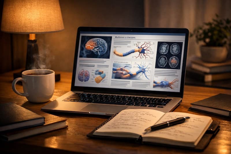 recherches-nocturnes-traitements-sclerose-en-plaques-ordinateur Ordinateur portable affichant des recherches médicales sur les traitements de la sclérose en plaques, avec carnet de notes et tasse de café lors d’une recherche nocturne.